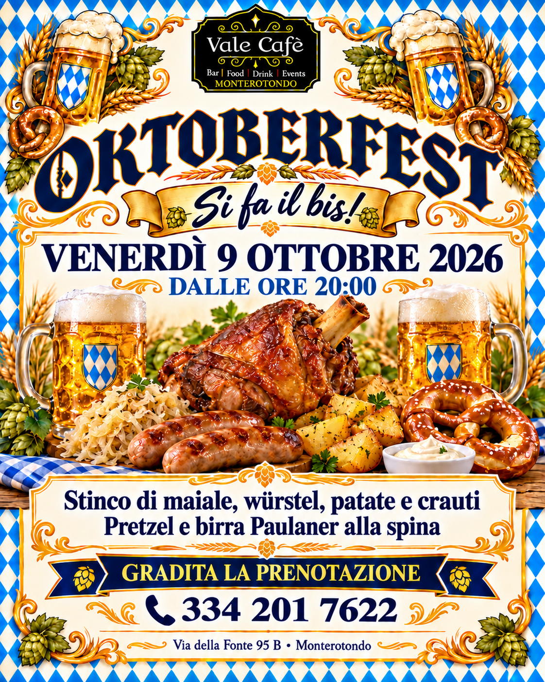 Oktoberfest al Vale Cafè, si fa il bis: venerdì 9 ottobre 2026 dalle 20:00, stinco, würstel, patate, crauti, pretzel e birra Paulaner alla spina
