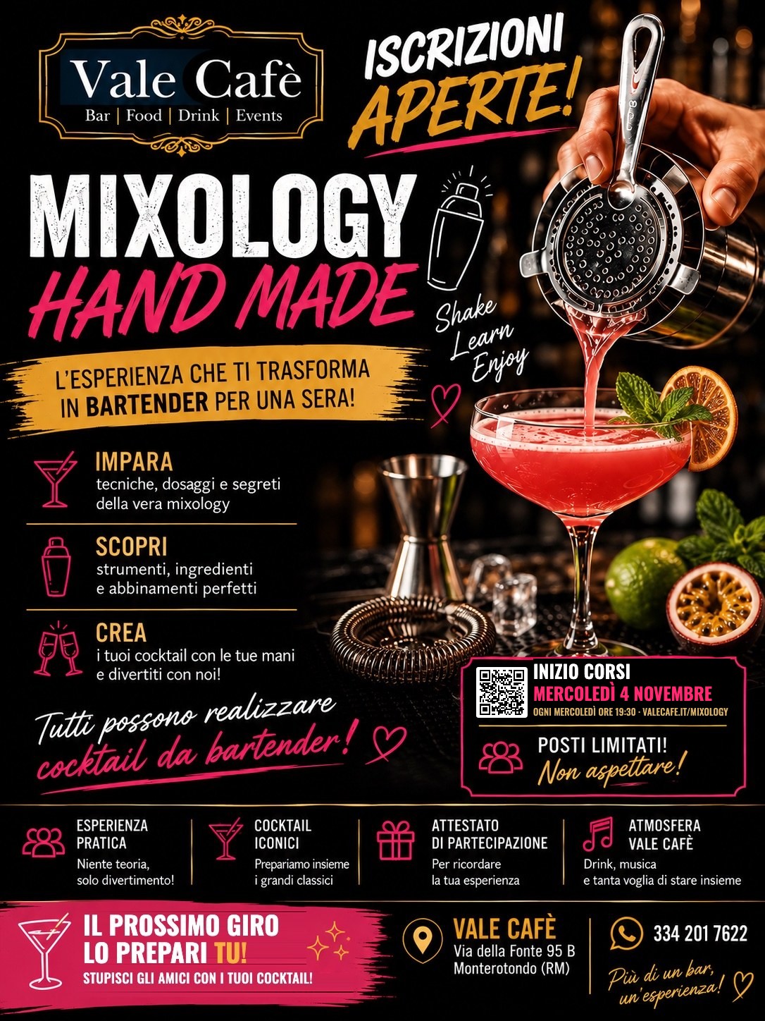 Locandina Mixology Hand Made al Vale Cafè: corso di cocktail ogni mercoledì sera, inizio mercoledì 4 novembre
